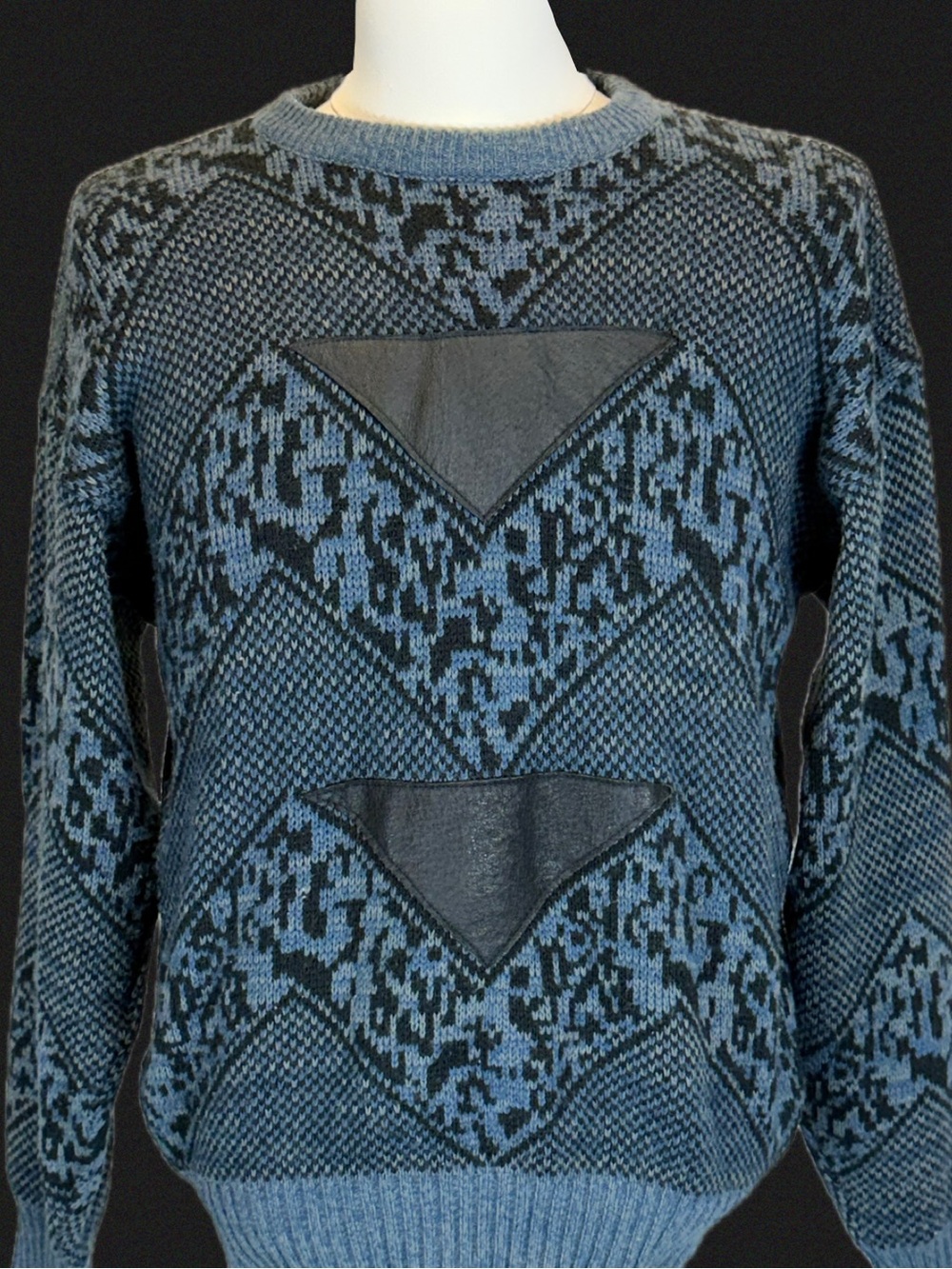 VINTAGE 80s leather‎ inset funky bold sweater mens geometric chevron Southwest